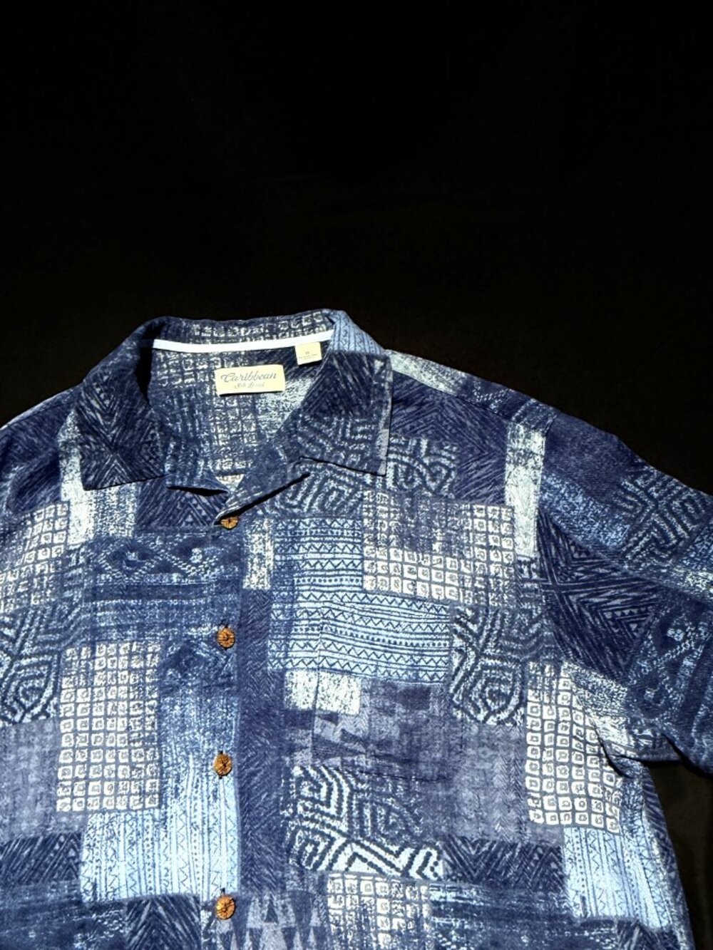 Caribbean Mens SILK Blend Shirt XL Blue Graphic Print Short Sleeve Button Up